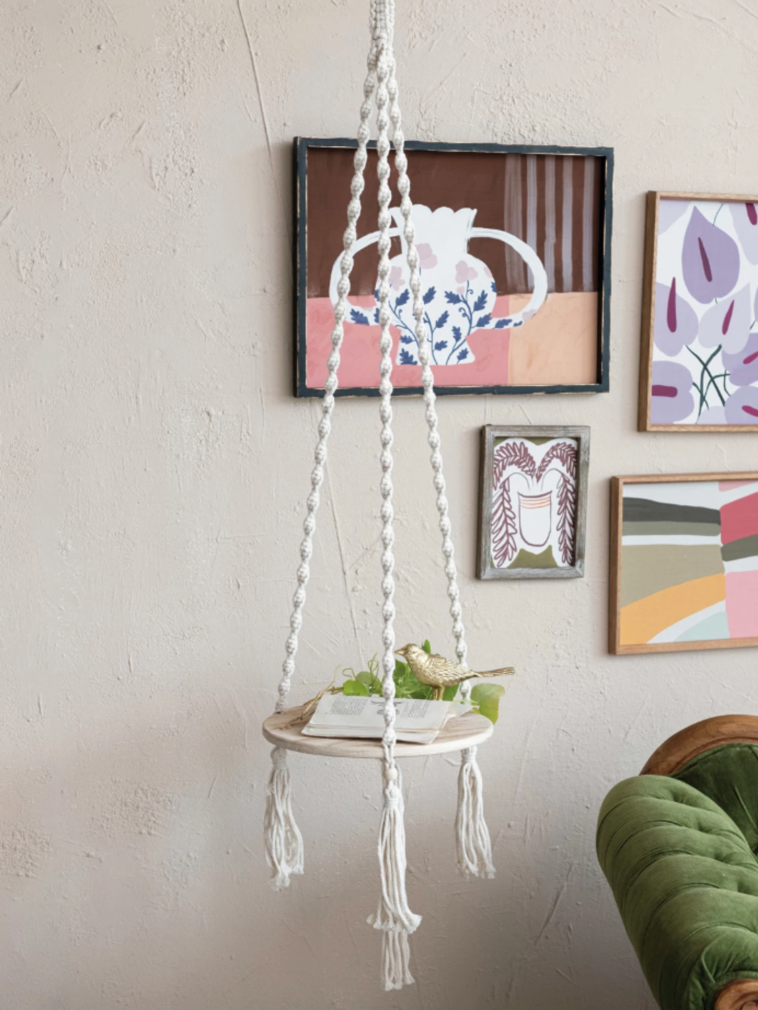 macrame plant hanger shelf Wood & Cotton Macrame Plant Hanger/Shelf