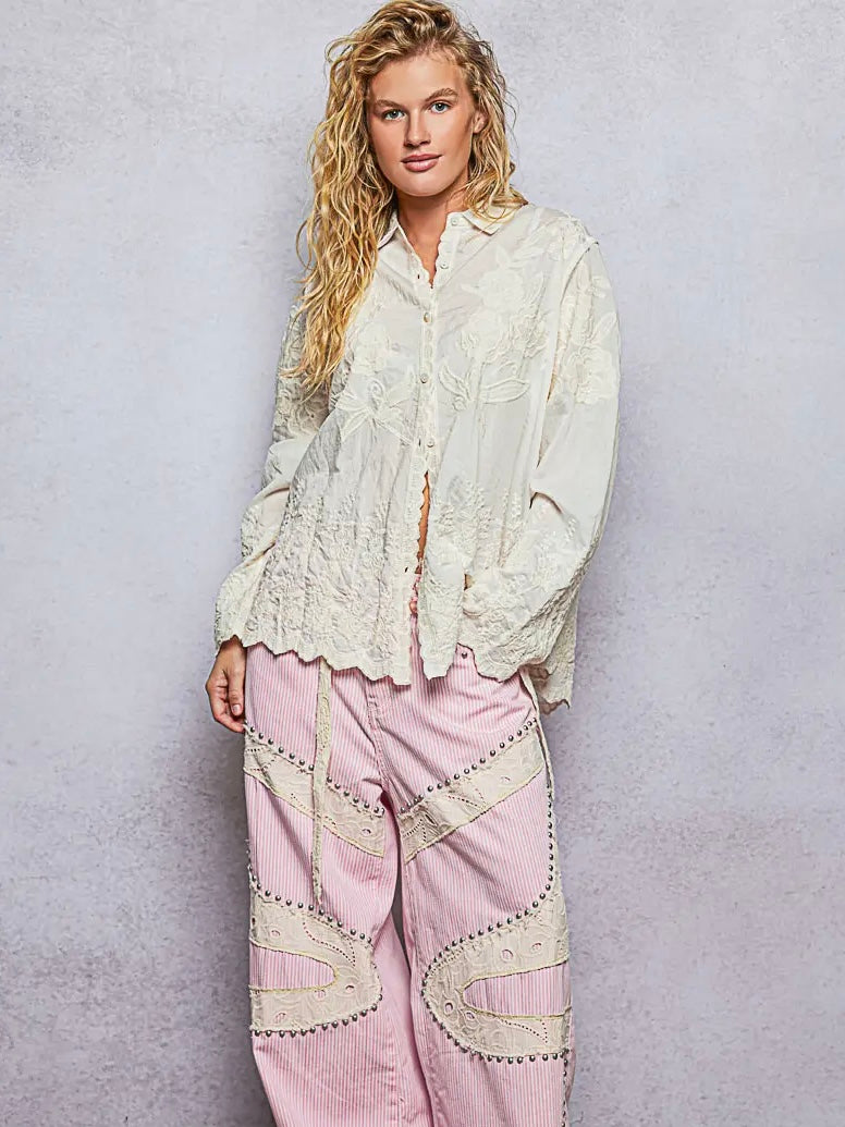 Dreamer Girl Embroidered Button Down Top