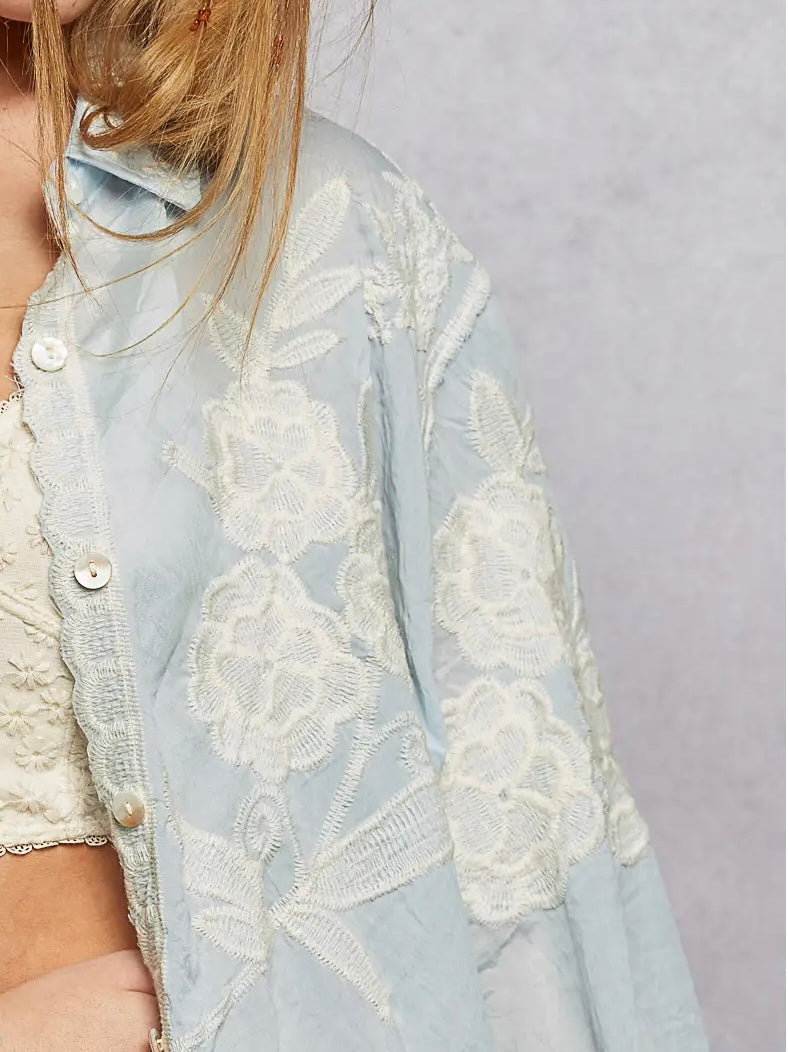 Dreamer Girl Embroidered Button Down Top