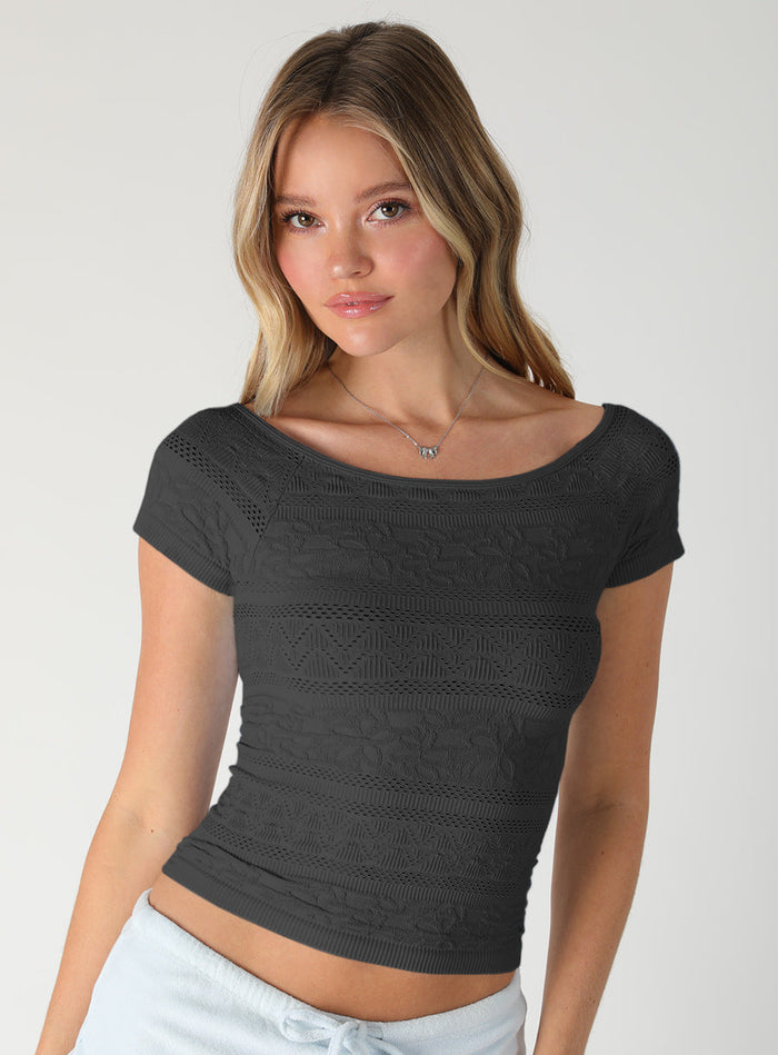 Textured Boatneck Short Sleeve Top